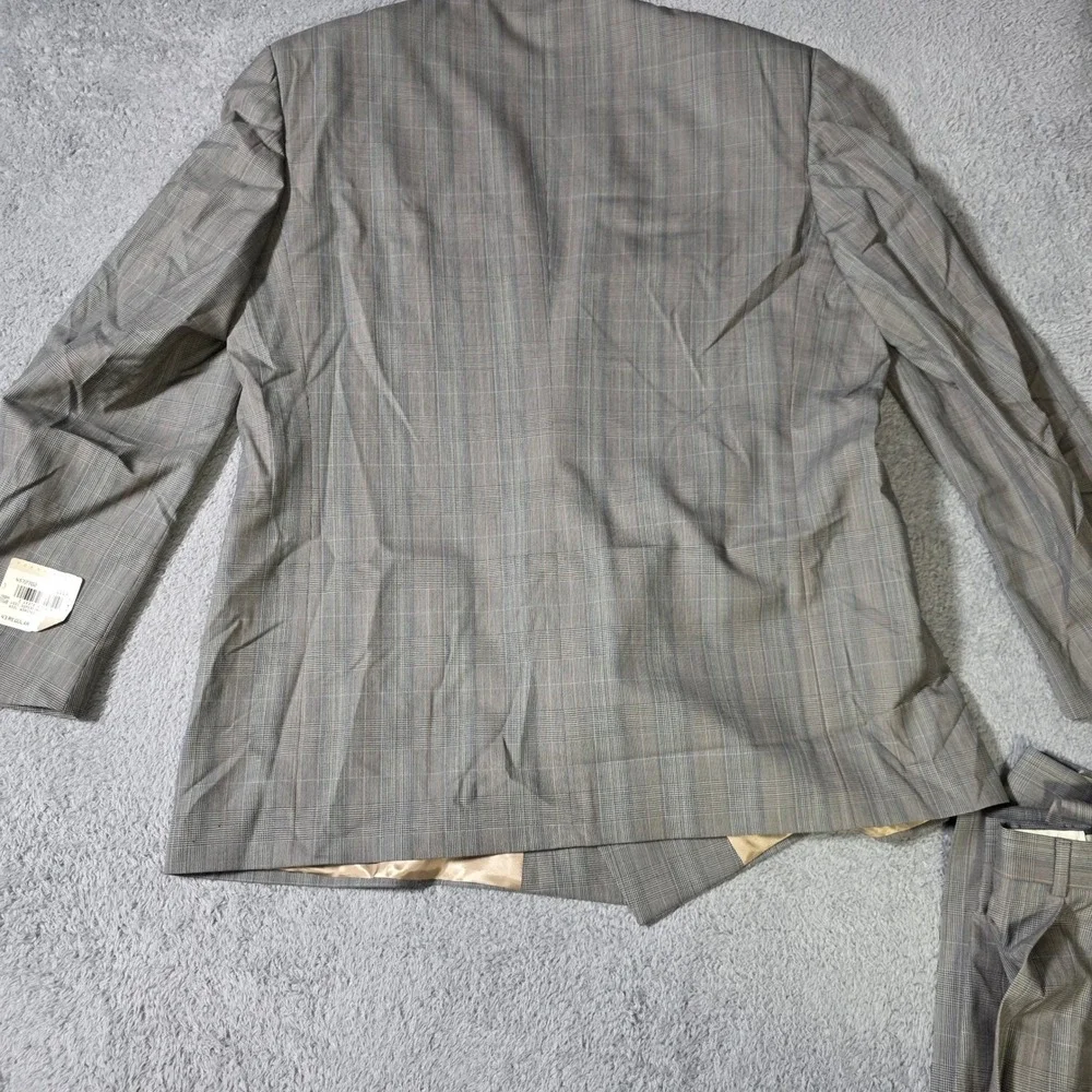 Perry Ellis Mens 43R 36x37 Suit Grey Glen Plaid Double Breasted Wool Vintage